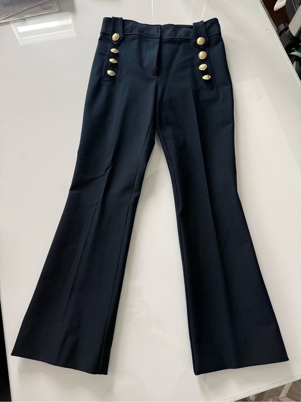 Derek Lam Crosby Navy Flared Crop Pants with Gold Sailor Button Detail
